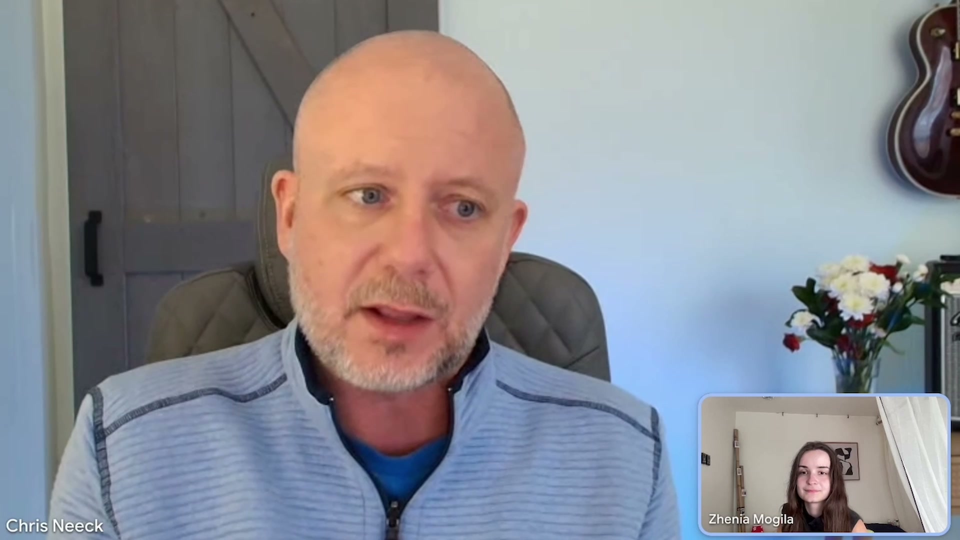 Chris Neeck and Zhenia Mohyla on a video call