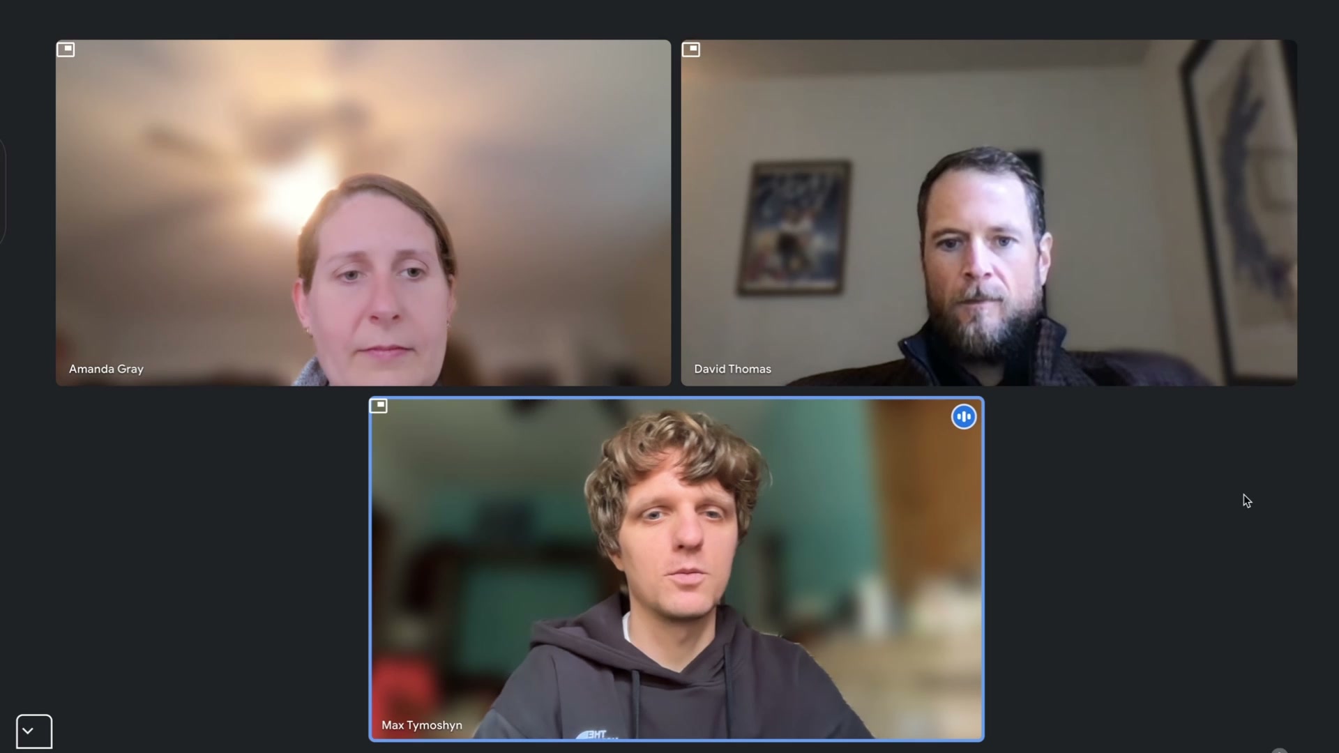 Amanda Gray, David Thomas, and Max Tymoshyn on a video call