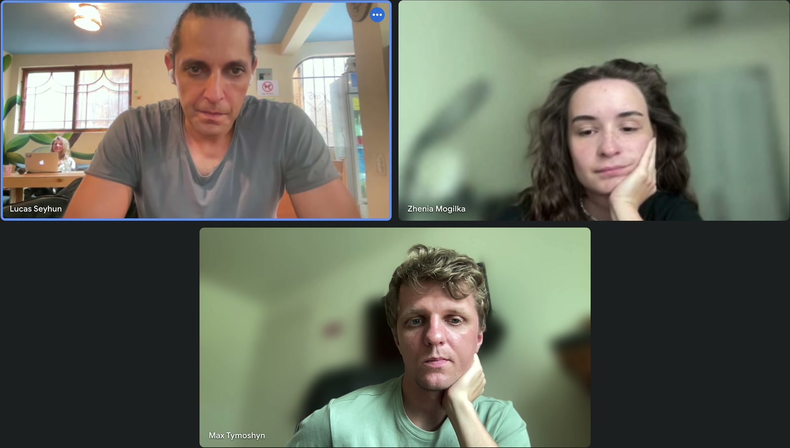 Lucas Seyhun, Zhenia Mogilka, and Max Tymoshyn on a video call